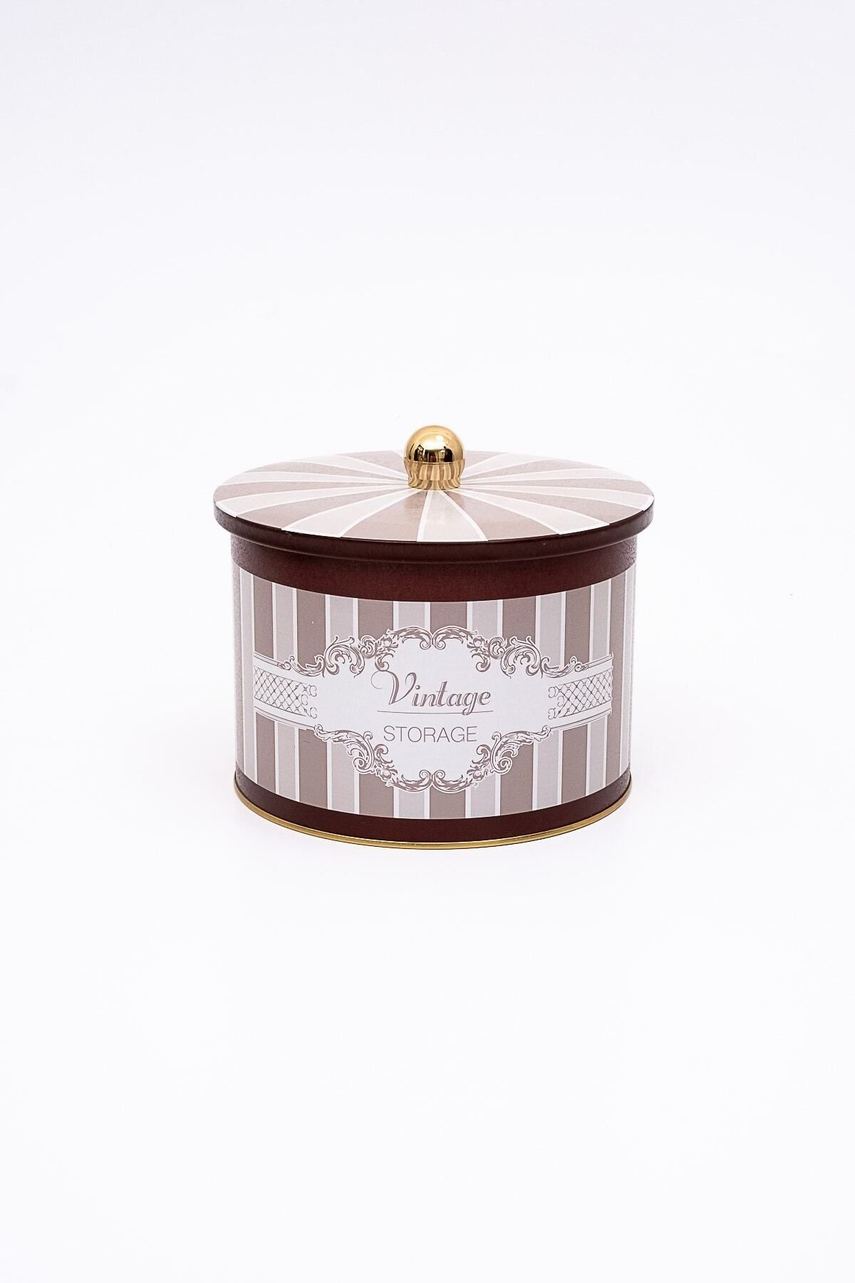 Elegance Desenli Yuvarlak Metal Saklama Kabı 14 Cm, Erzak Kabı - Organizer 17,5 Cm X 13 Cm Er145-8b