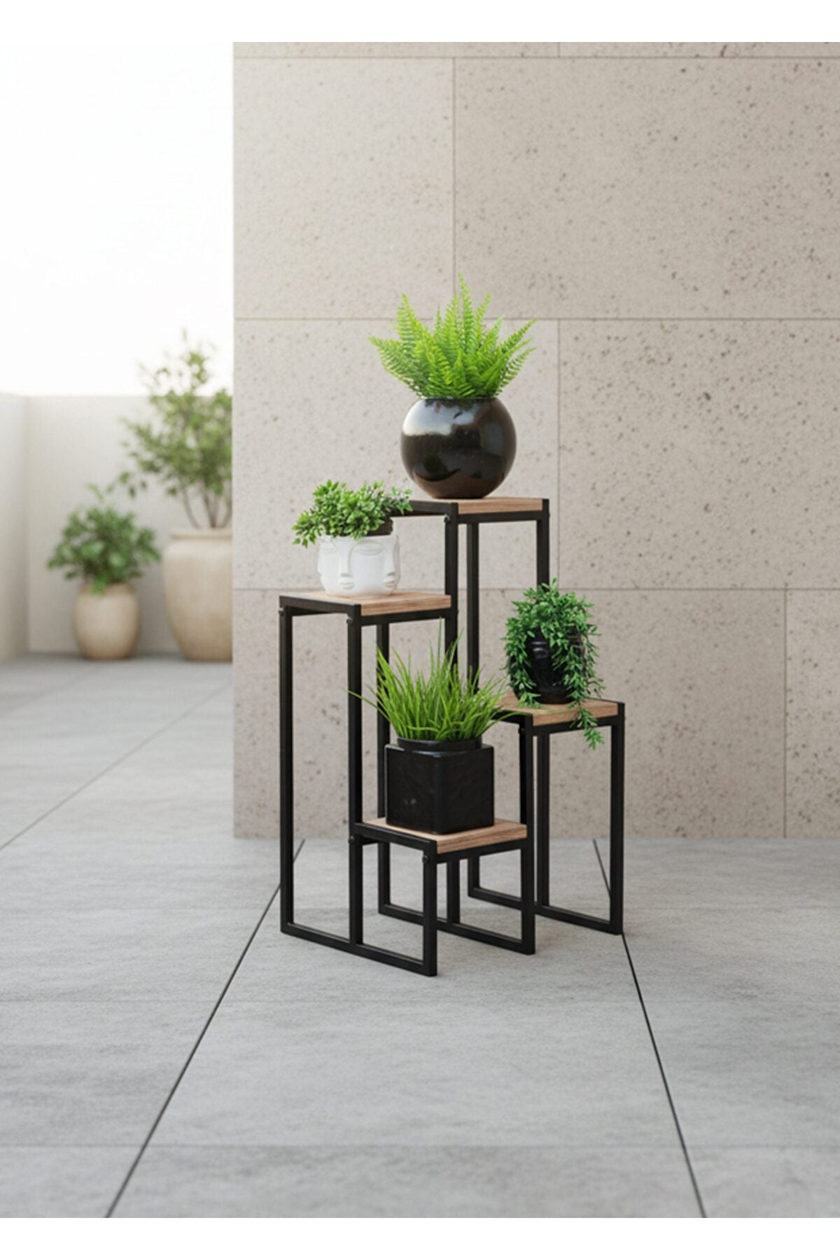 Evle 4 Katlı Ahşap Çiçeklik, Modern Saksılık, Balkon ve Salon için Dekoratif Saksı Standı