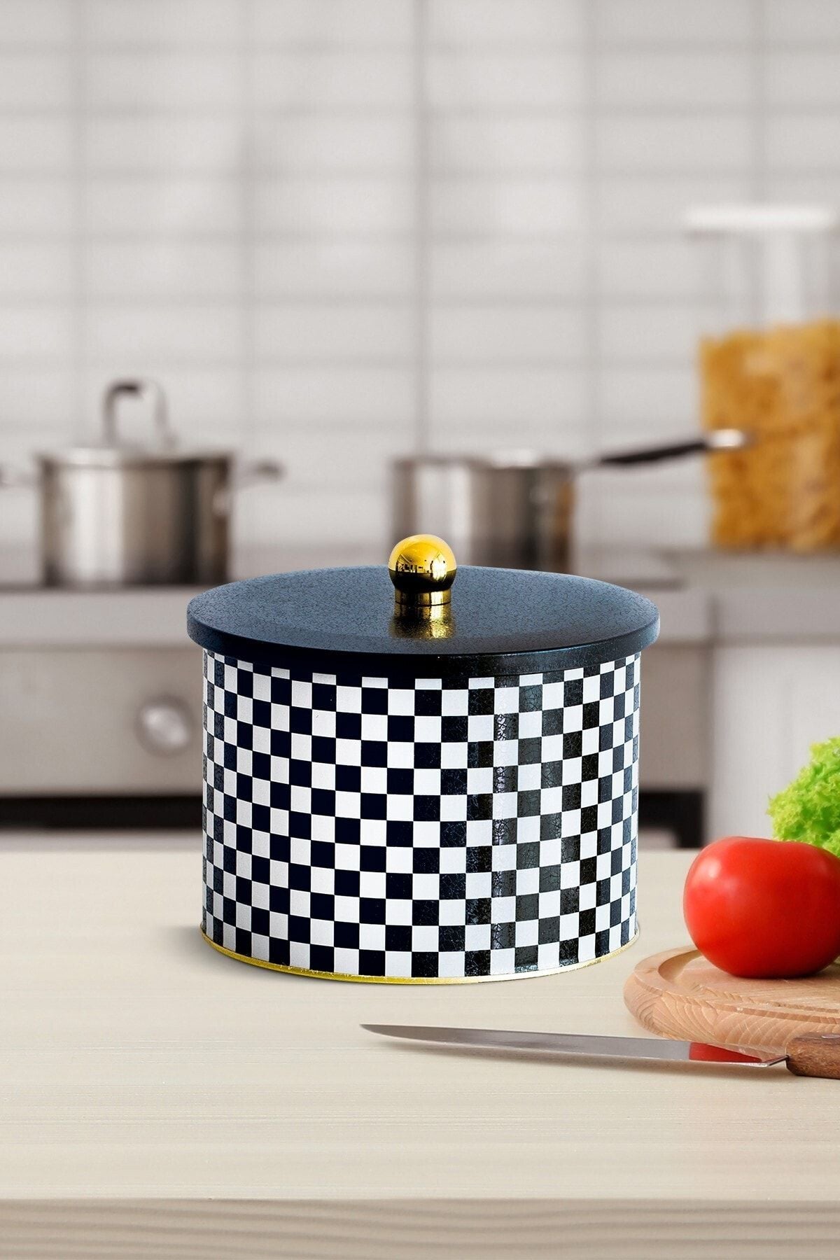 Ef145-g8 Checkers Black Desenli Yuvarlak Metal Saklama Kabı 17.5 Cm
