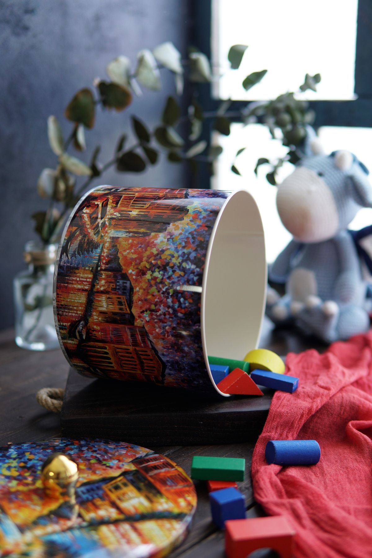 Ef145-03 Afremov River Desenli Yuvarlak Metal Saklama Kabı 17.5 Cm