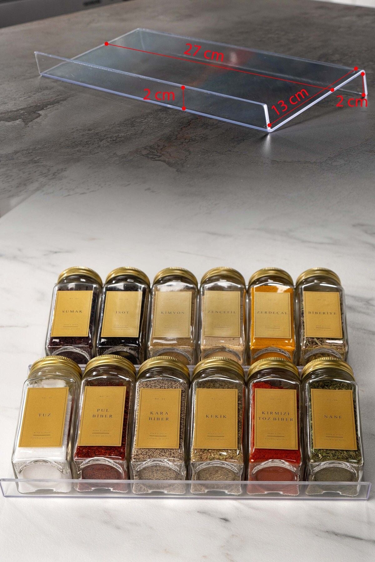 12'li Pleksi-şeffaf Standlı Baharatlık Seti Gold Kapaklı Etiketli Cam Baharatlık Takımı-mh02gld12