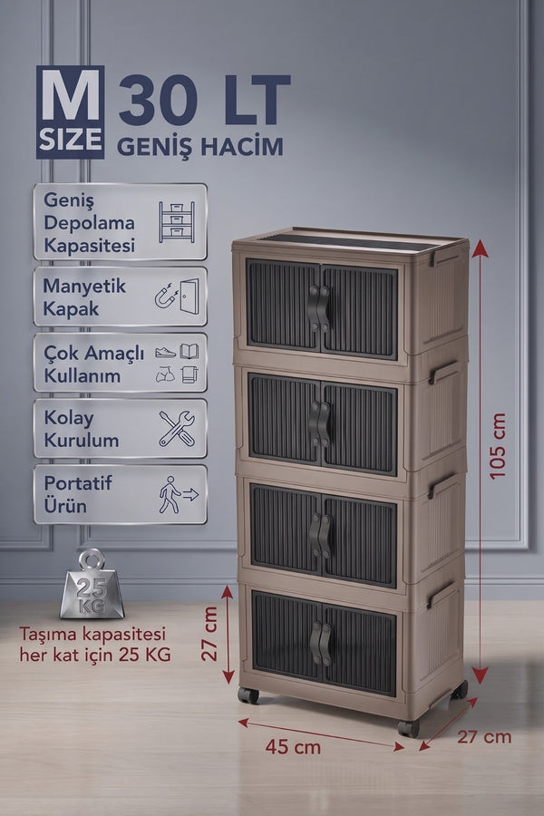 Evle Katlanabilir 4 Katlı "Medium" 30 LT Tekerlekli Manyetik Kapaklı Portatif Saklama Dolabı Toprak