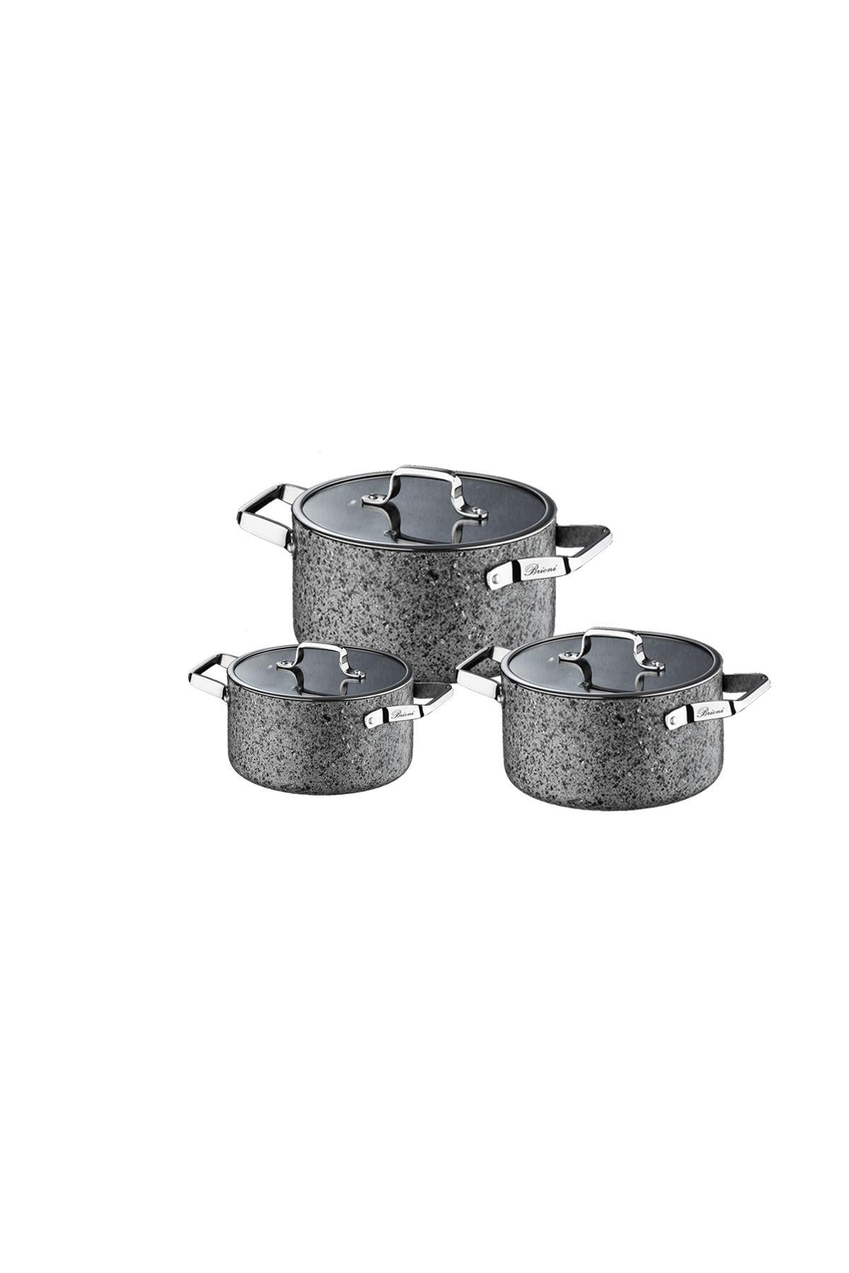 Brioni Stone-Age 6 Parça Çizilmez Yanmaz Yapışmaz İndüksiyonlu Midi Tencere Seti 16 cm,18 cm, 20 cm