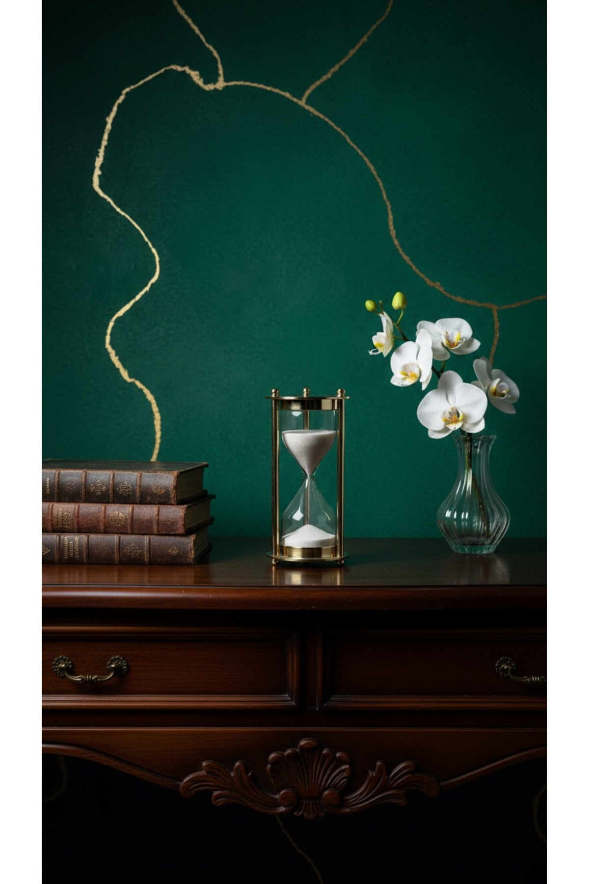 Ahşap Hediye Kutulu Kum Saati Seti 8.5 cm Altın Renk Ross London Temalı Vintage Masaüstü Aksesuar