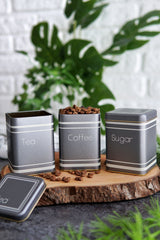 Metal Çay, Kahve, Şeker Saklama Kutusu 3 Lü Set 7.5 X 7.5 X 10.2 Cm, Silver Erb248z