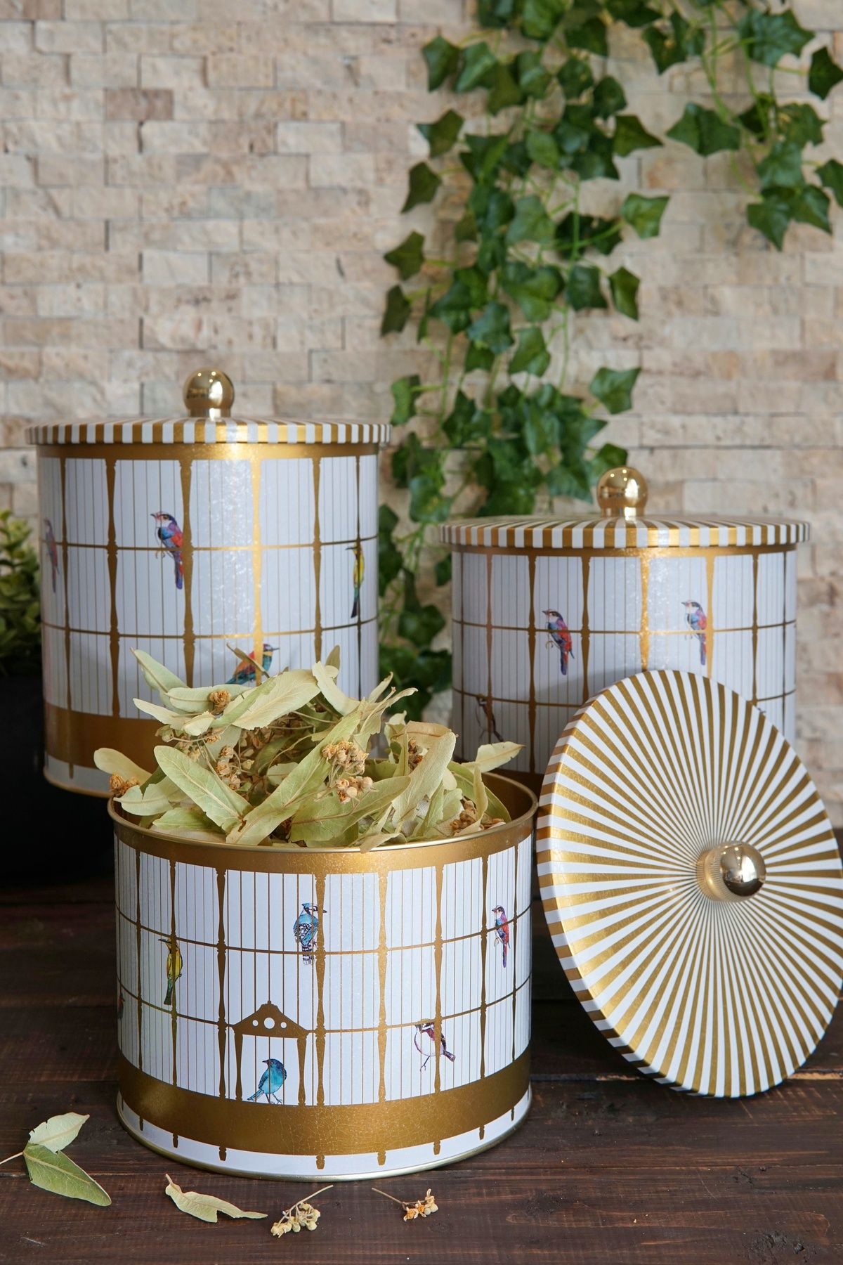 Bird Cage Desenli Metal Saklama Kabı Seti - 3'lü Set (2,9 Lt - 3,5 Lt - 4,1 Lt) ERB31T7