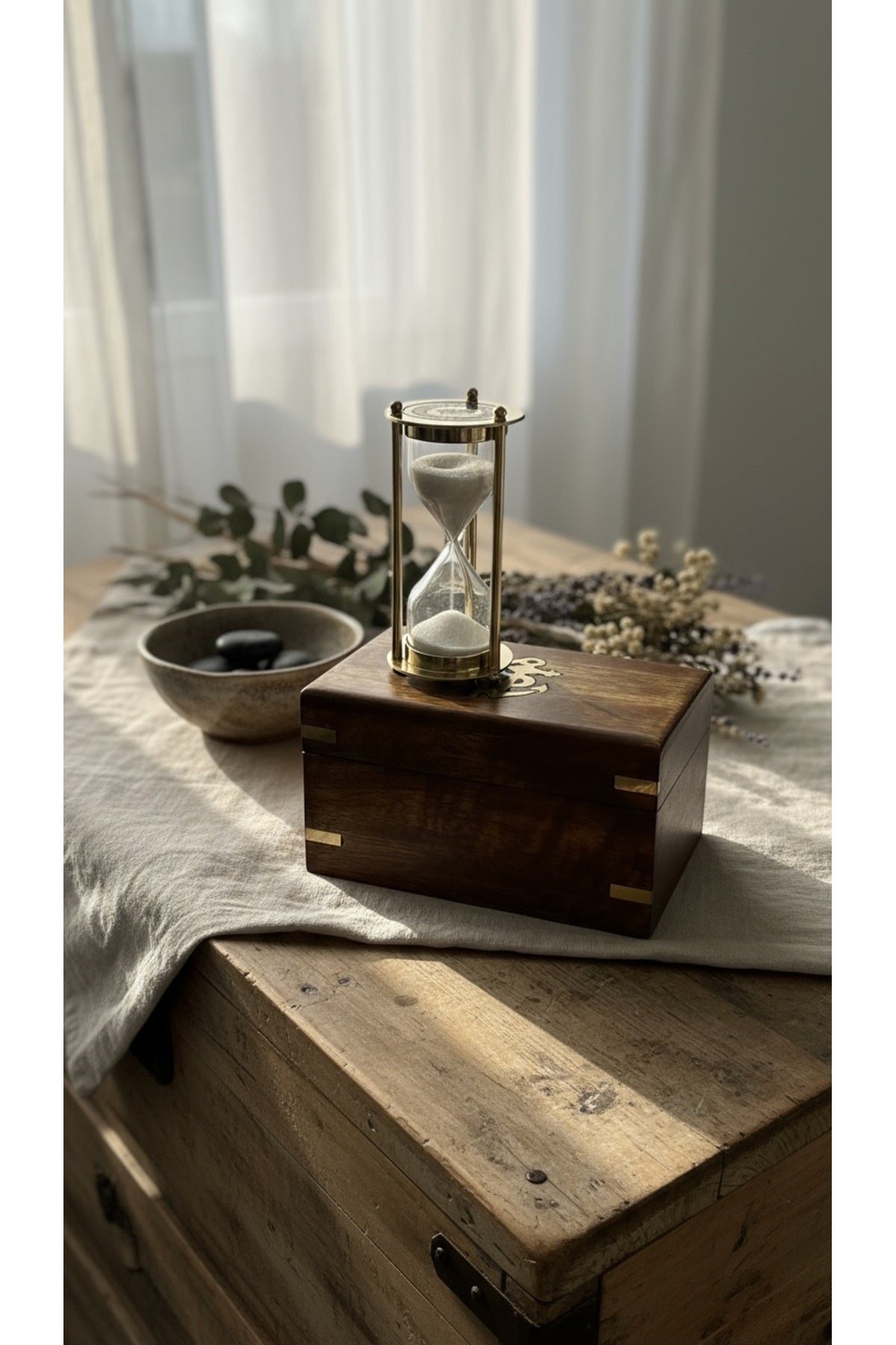 Ahşap Hediye Kutulu Kum Saati Seti 8.5 cm Altın Renk Ross London Temalı Vintage Masaüstü Aksesuar