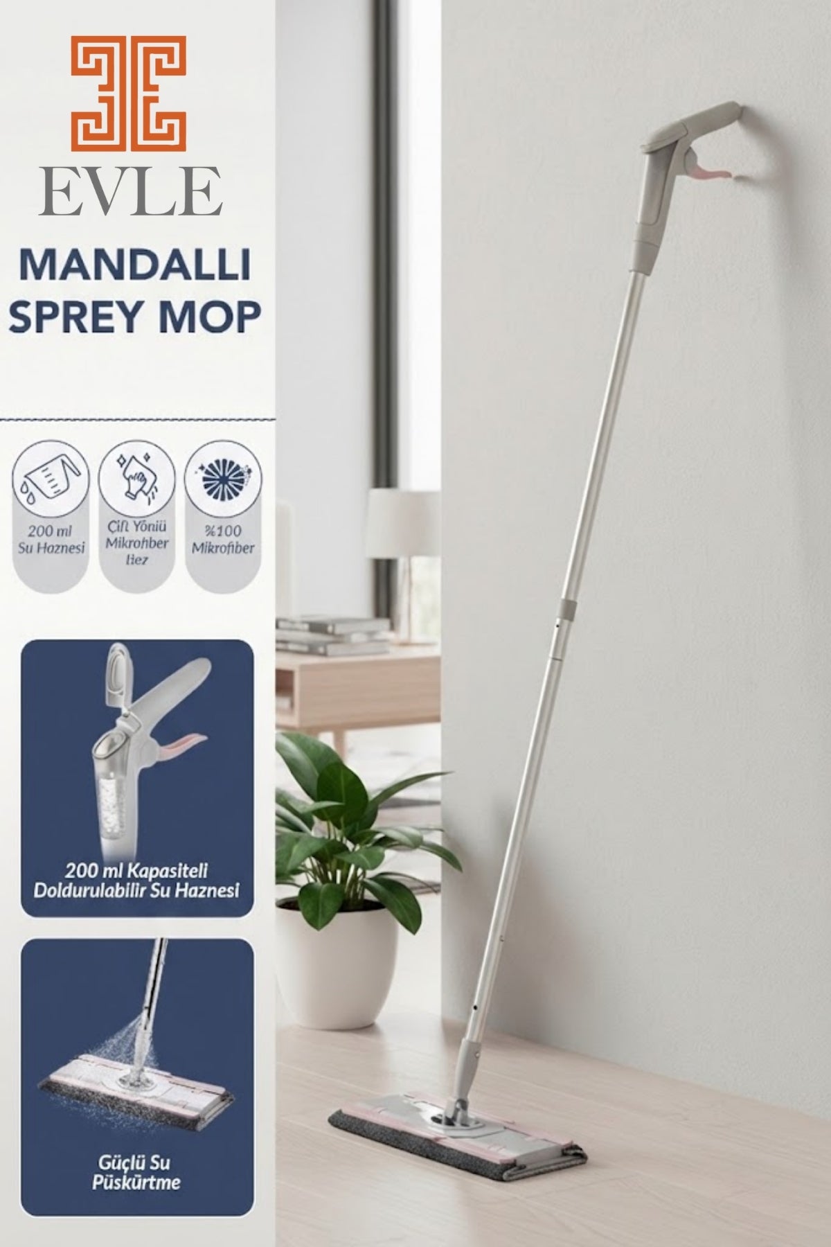 Evle Lavine Mandallı Sprey Mop – Kompakt Gövdeli, Mikrofiber Bez Uyumlu (4XL Bez Destekli)