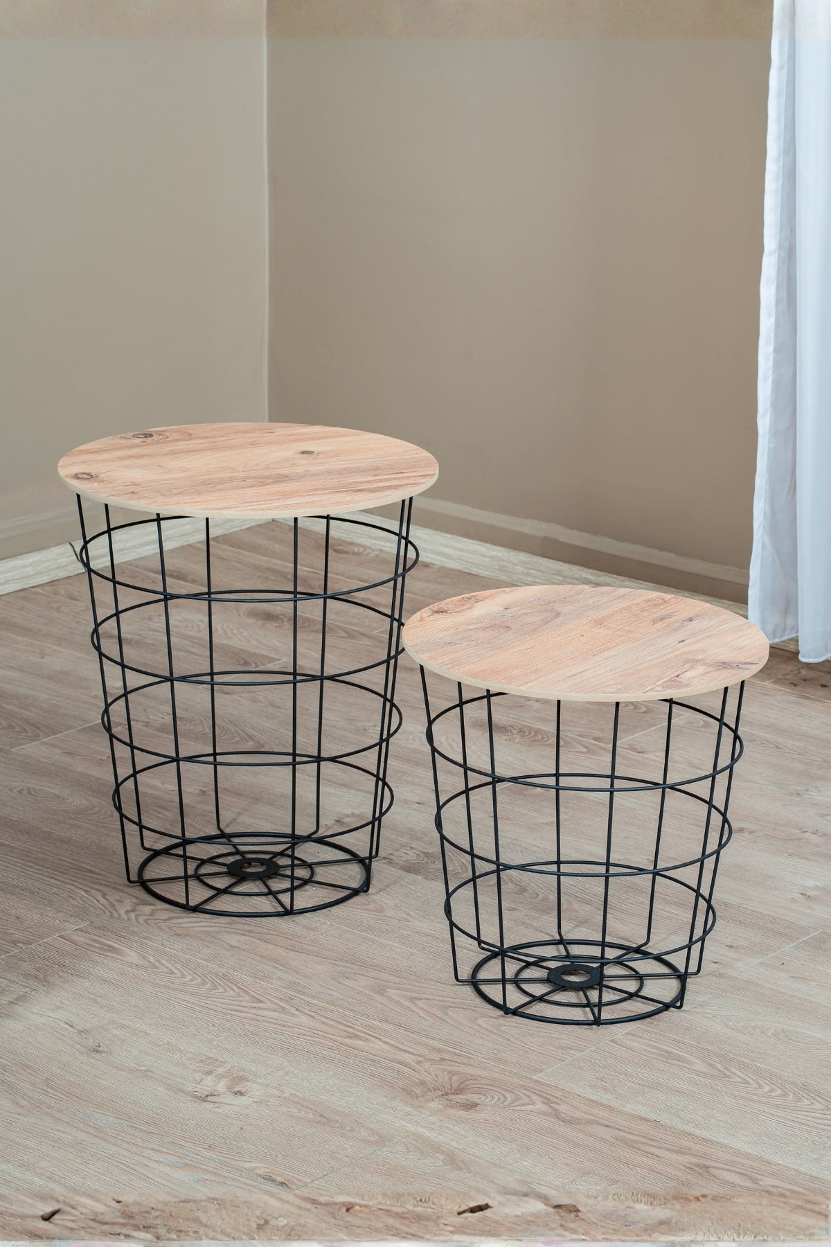 Dekoratif Metal Tel Sepet Zigon Sehpa Takımı, 2'li İskandinav Tarzı Ahşap Kapaklı Orta Sehpa