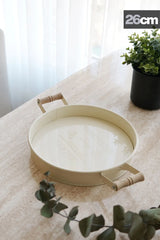 3'lü Ahşap Kulplu Yuvarlak Metal Tepsi Seti