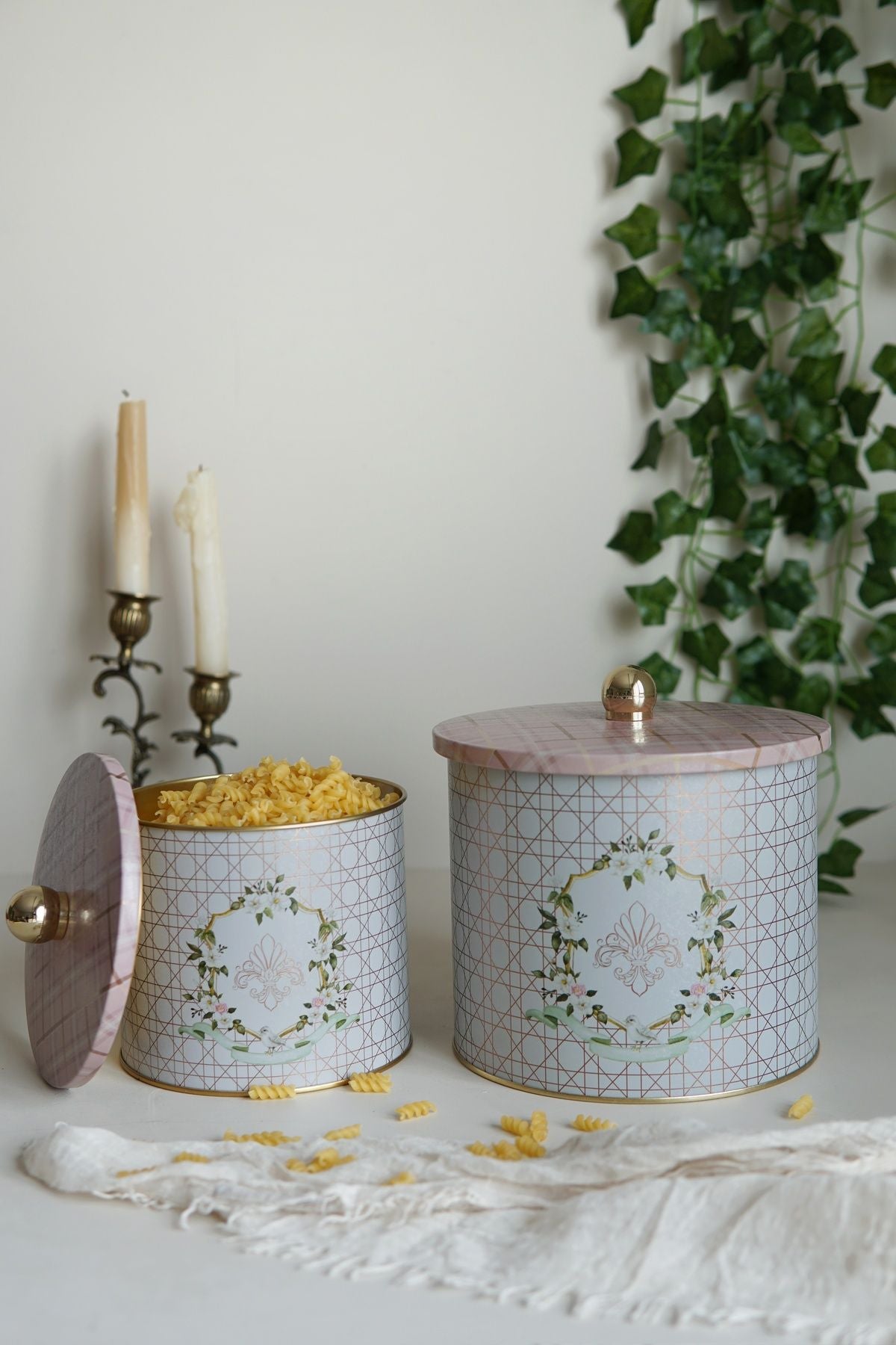 Rosy Desenli Metal Saklama Kabı Seti - 2'li Set (1,7 lt - 3,5 lt)