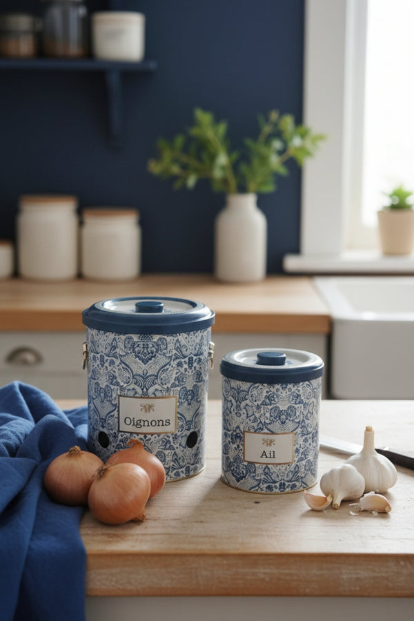 Evle Metal Soğan ve Sarımsak Saklama Kabı 2’li Set, Metal Sebzelik 5 lt + 2.5 lt, Azulejos