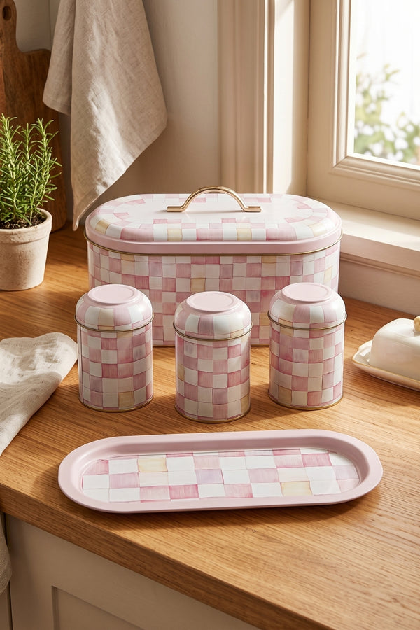 Evle 5 Parça Metal Mutfak Seti Ekmek Kutusu, Baton Tepsi ve 3'lü Saklama Kutusu Seti Pink Checkers