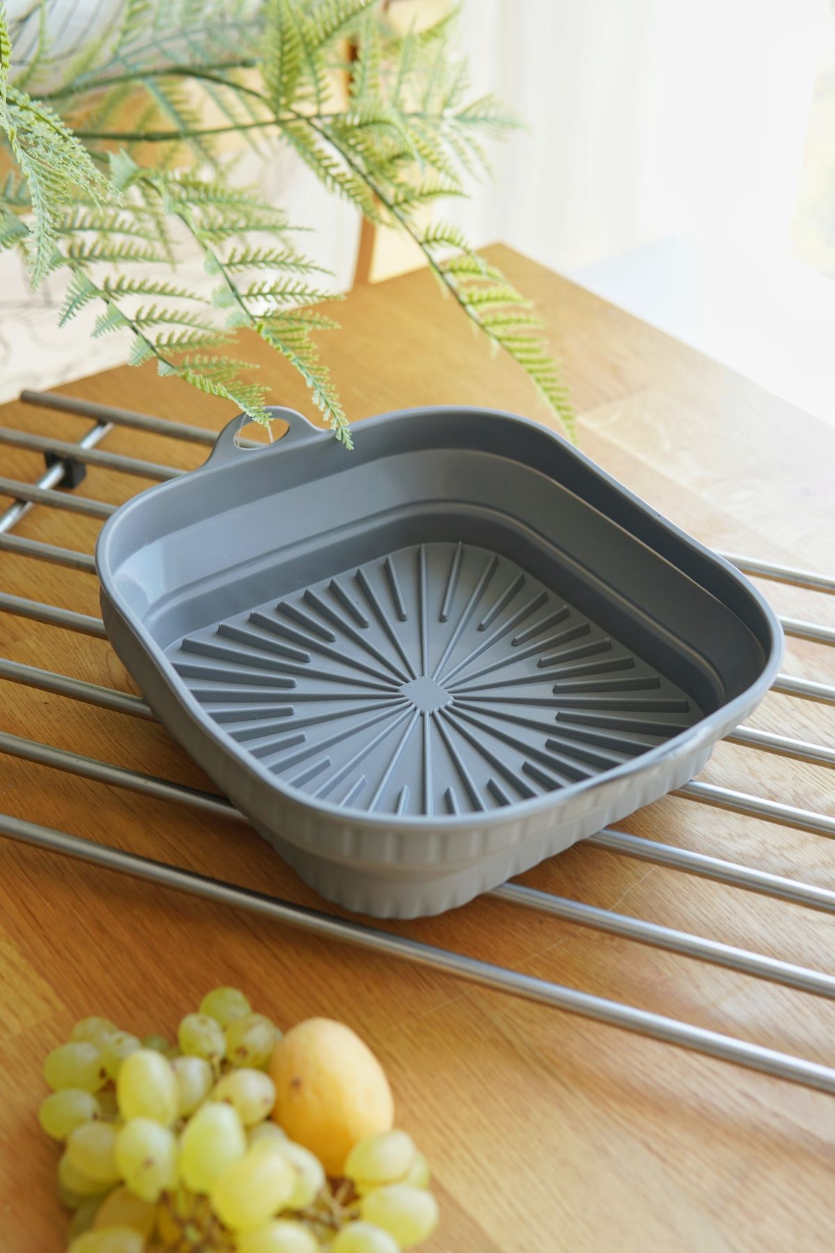 Katlanabilir Kare Silikon Airfryer Pişirme Kabı , Platinum Silikon, 21 x 21 x 6 cm, Gri