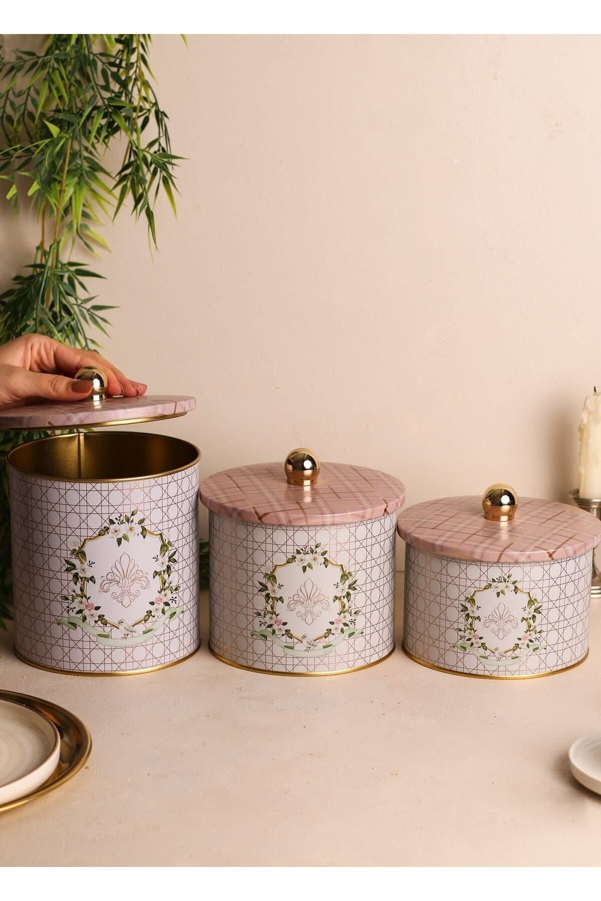 Rosy Desenli Metal Saklama Kabı Seti - 3'lü Set (1,3 Lt - 1,7 Lt - 2,1 Lt) ERB30U7