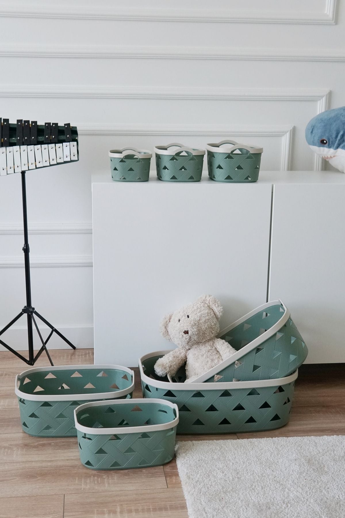 Deri Desenli Saklama ve Düzenleme Sepet Takımı (7’li), Yeşil