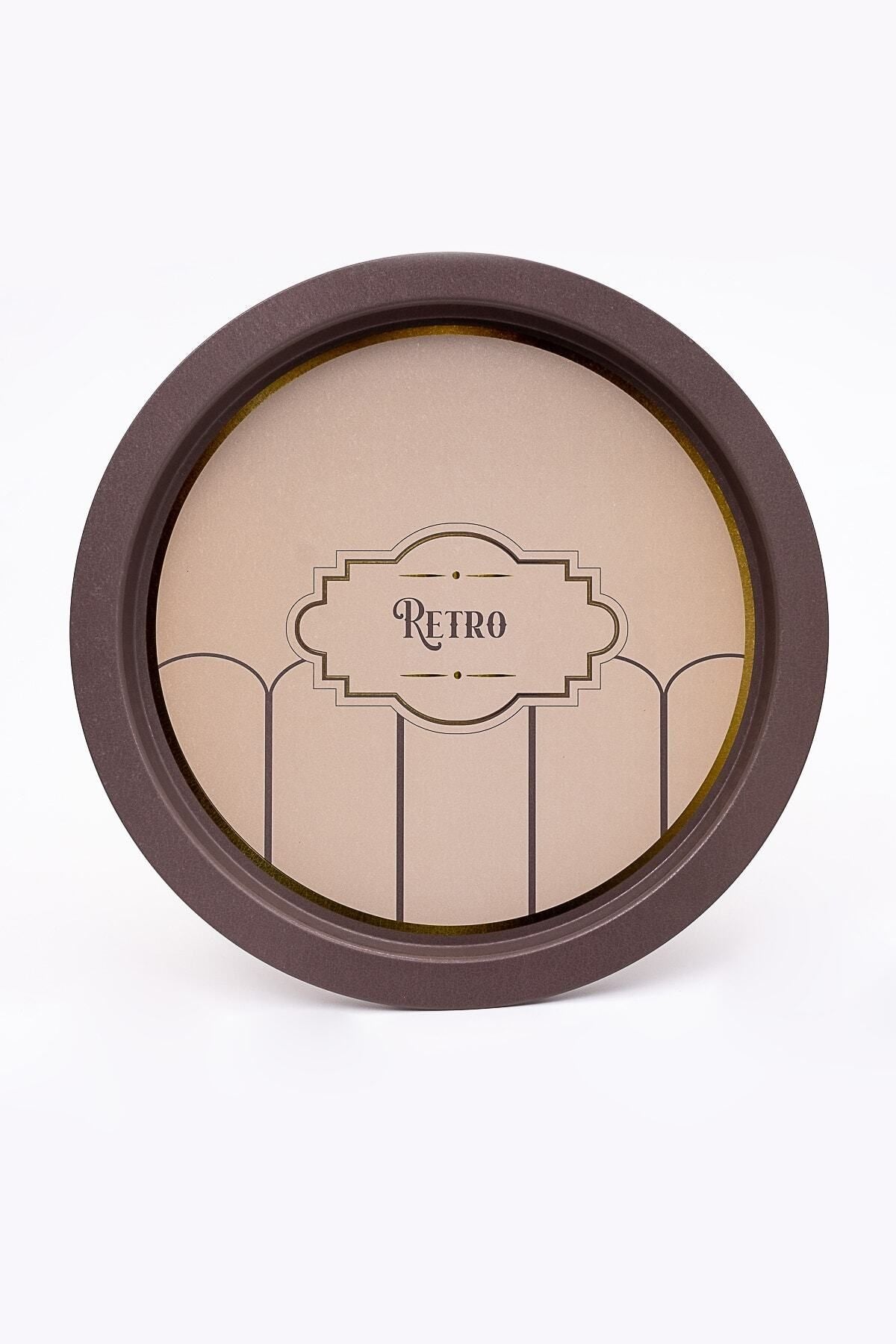 Retro Desenli Yuvarlak Metal Tepsi - Çay Kahve Tepsisi - Sunum Tepsisi 37 Cm Ee163-u6