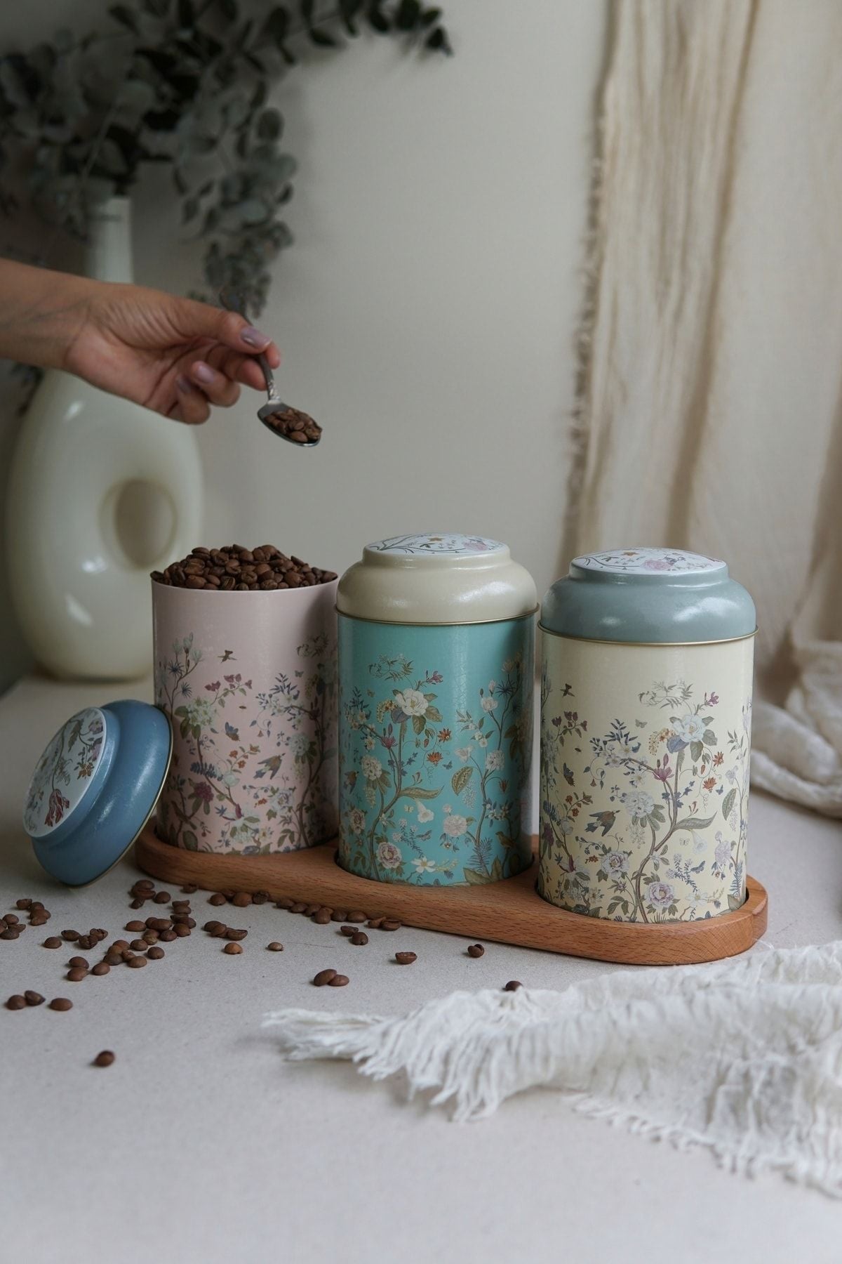 Silindir Saklama Kabı Ahşap Stantlı Ø105 3 Lü Set, Botanica Erb56u2