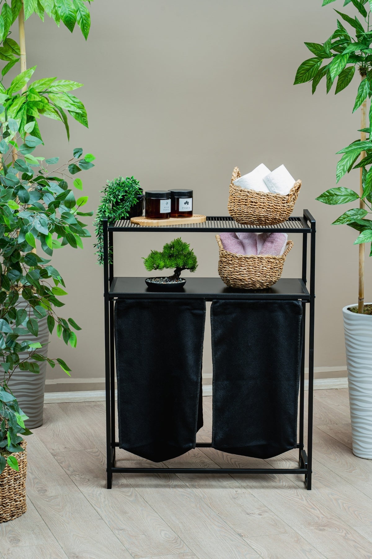 Banyo/Çamaşır Odası için 2 Raflı, 2 Bölmeli Metal Çamaşır Sepeti ve Düzenleyici Raf Ünitesi - Siyah