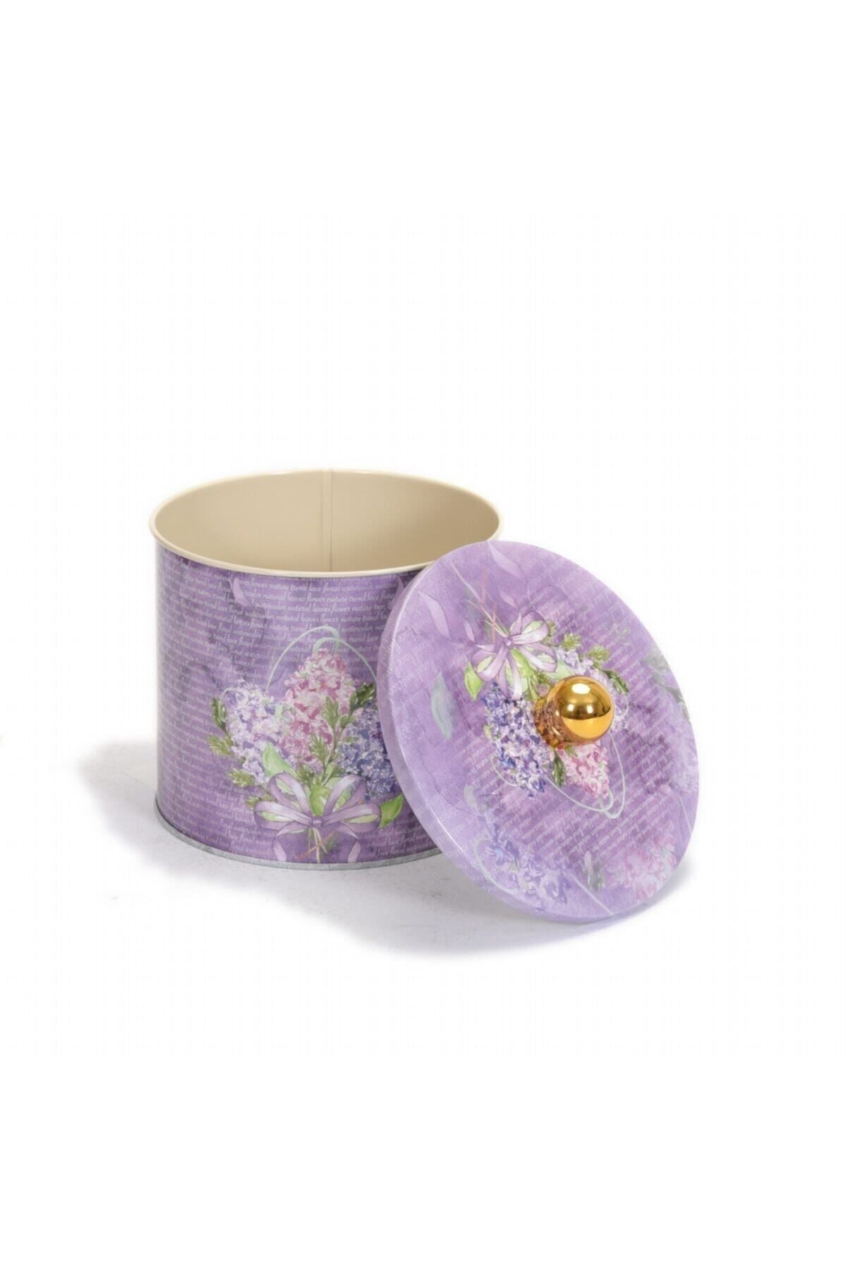 Ef142-28 Flower Purple Desenli Yuvarlak Metal Saklama Kabı 14 Cm