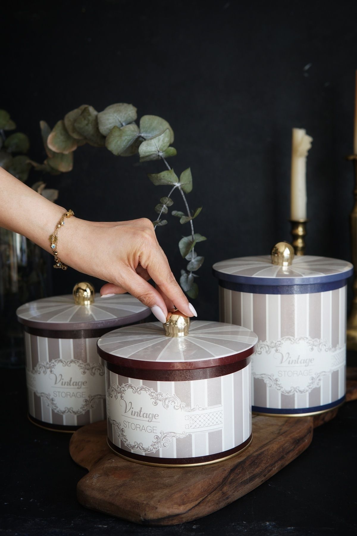 Elegance Desenli Metal Saklama Kabı Seti - 3'lü Set (1,3 Lt - 1,7 Lt - 2,1 Lt) ERB30V5