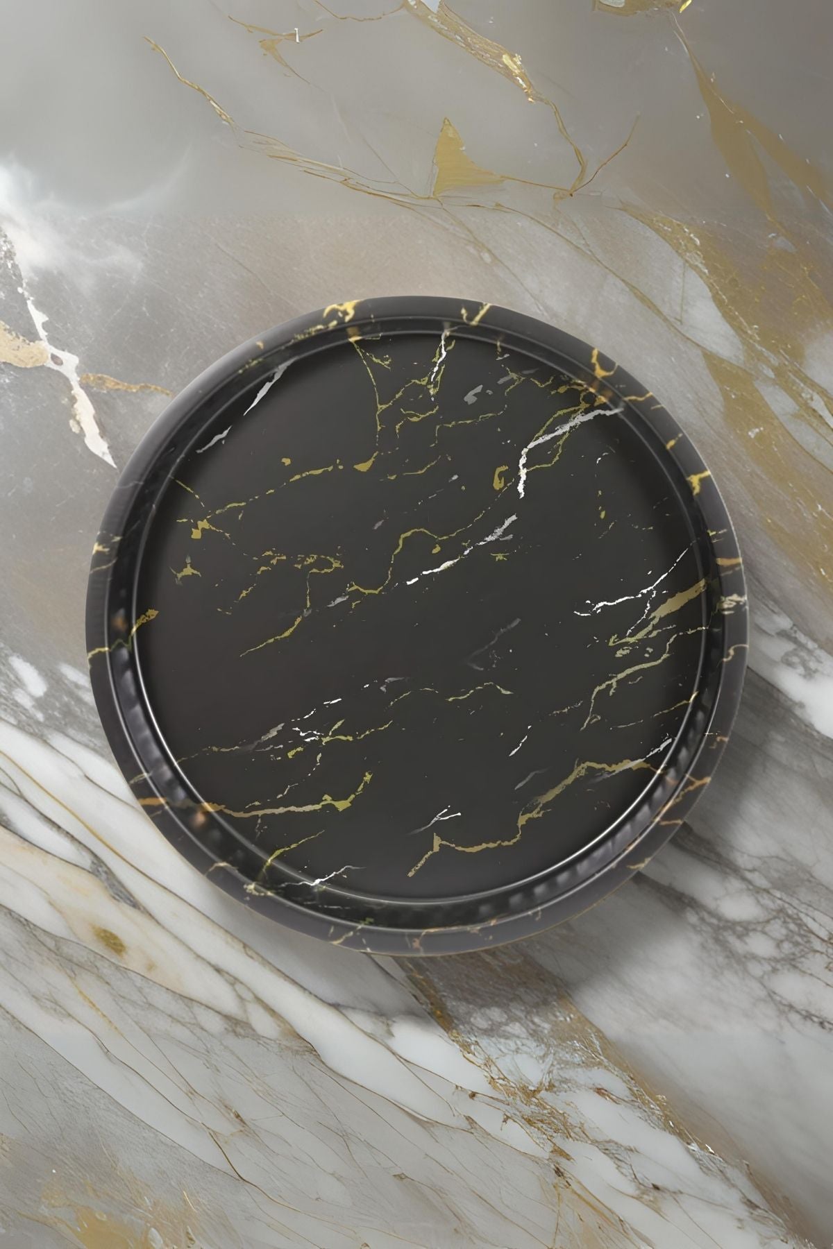 Ef163-50 Marble Black Desenli Yuvarlak Tepsi 36 Cm