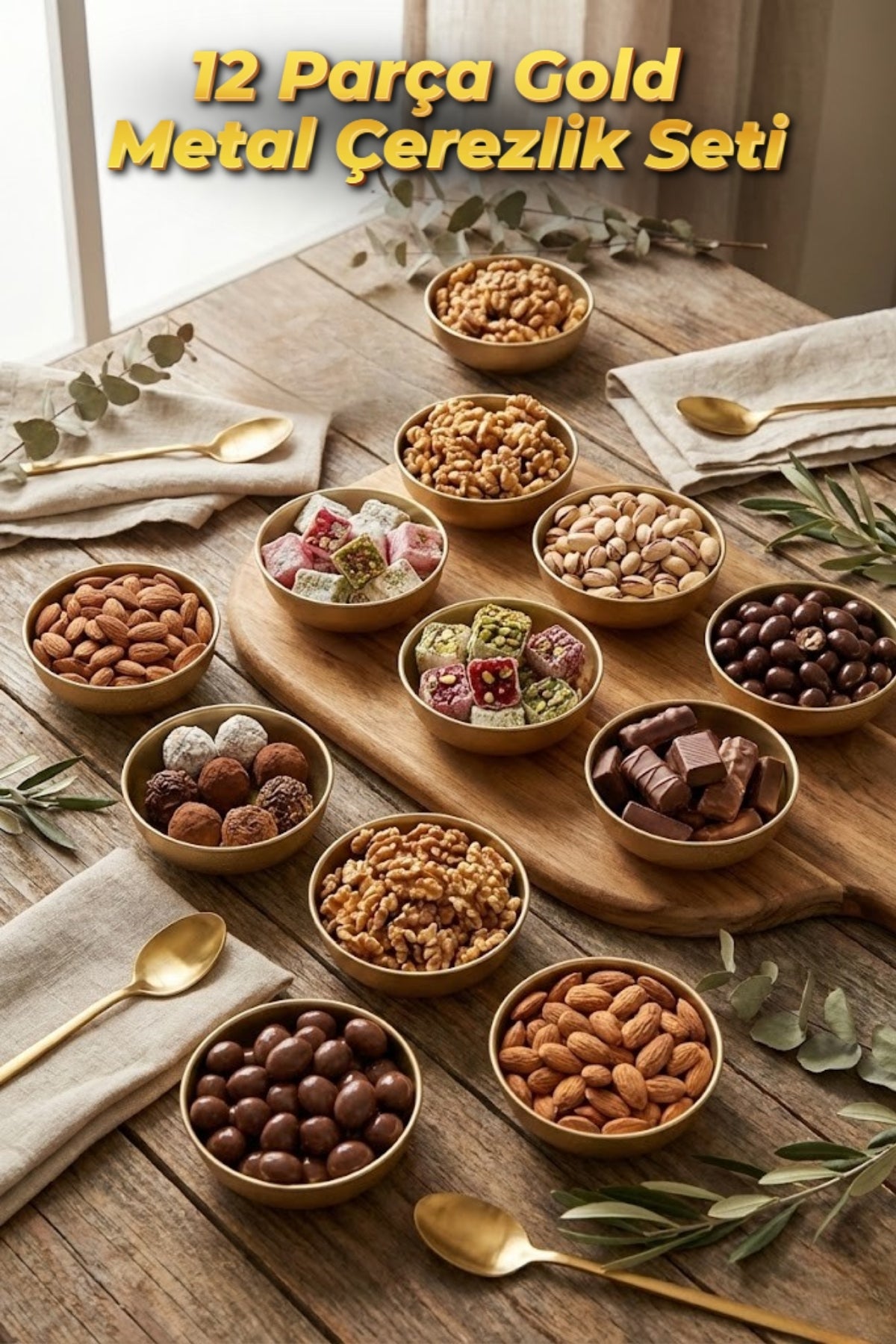12 Parça Gold Metal Çerezlik Ø9 cm – 12’li Set (Yükseklik 3 cm)