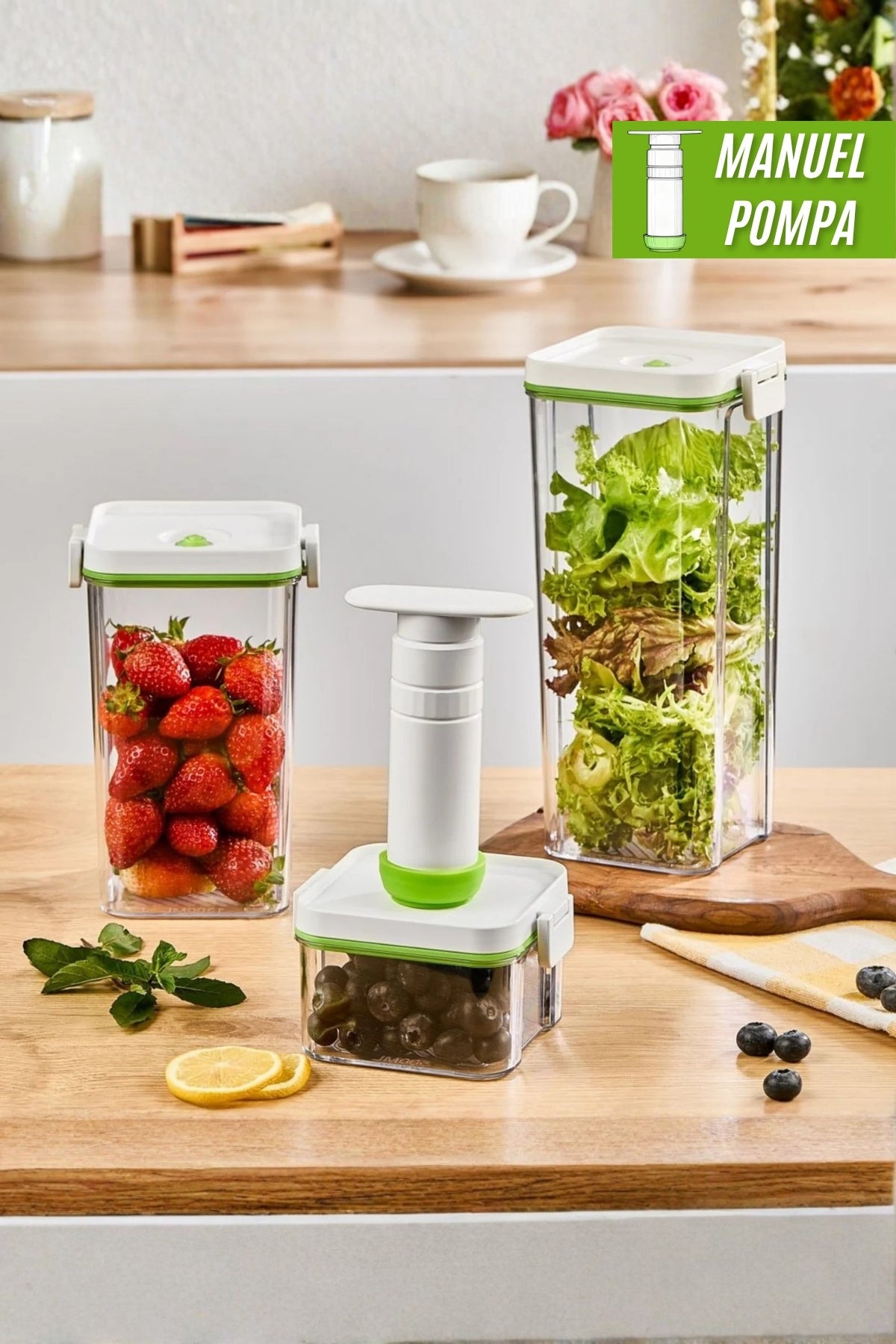 Evle Manuel Pompalı 3 Parça Saklama Kabı Seti 2 lt + 1,3 lt + 0,5 lt