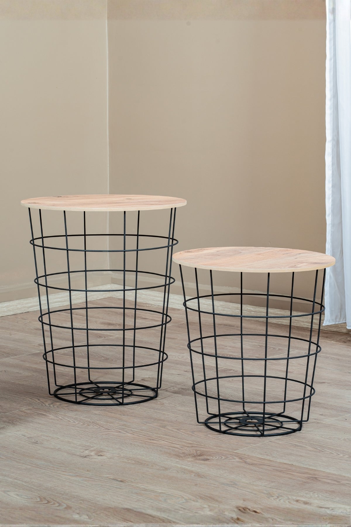 Dekoratif Metal Tel Sepet Zigon Sehpa Takımı, 2'li İskandinav Tarzı Ahşap Kapaklı Orta Sehpa