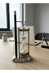 Evle Siyah Standlı Askılı Kum Saati 28 cm Altın Gümüş Detaylı Beyaz Kumlu Dekoratif Lüks Ofis Hediyelik