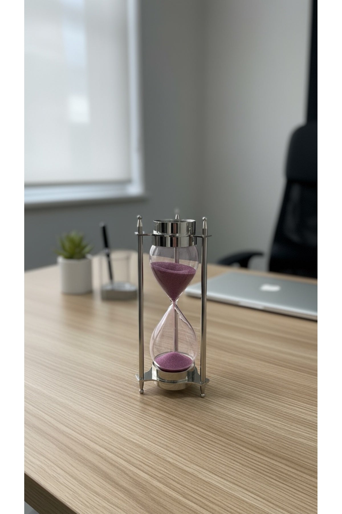 Gümüş Rengi Çift Pusulalı Kum Saati 20 cm Modern Metal Çerçeve Lüks Ofis Hediyelik Aksesuar