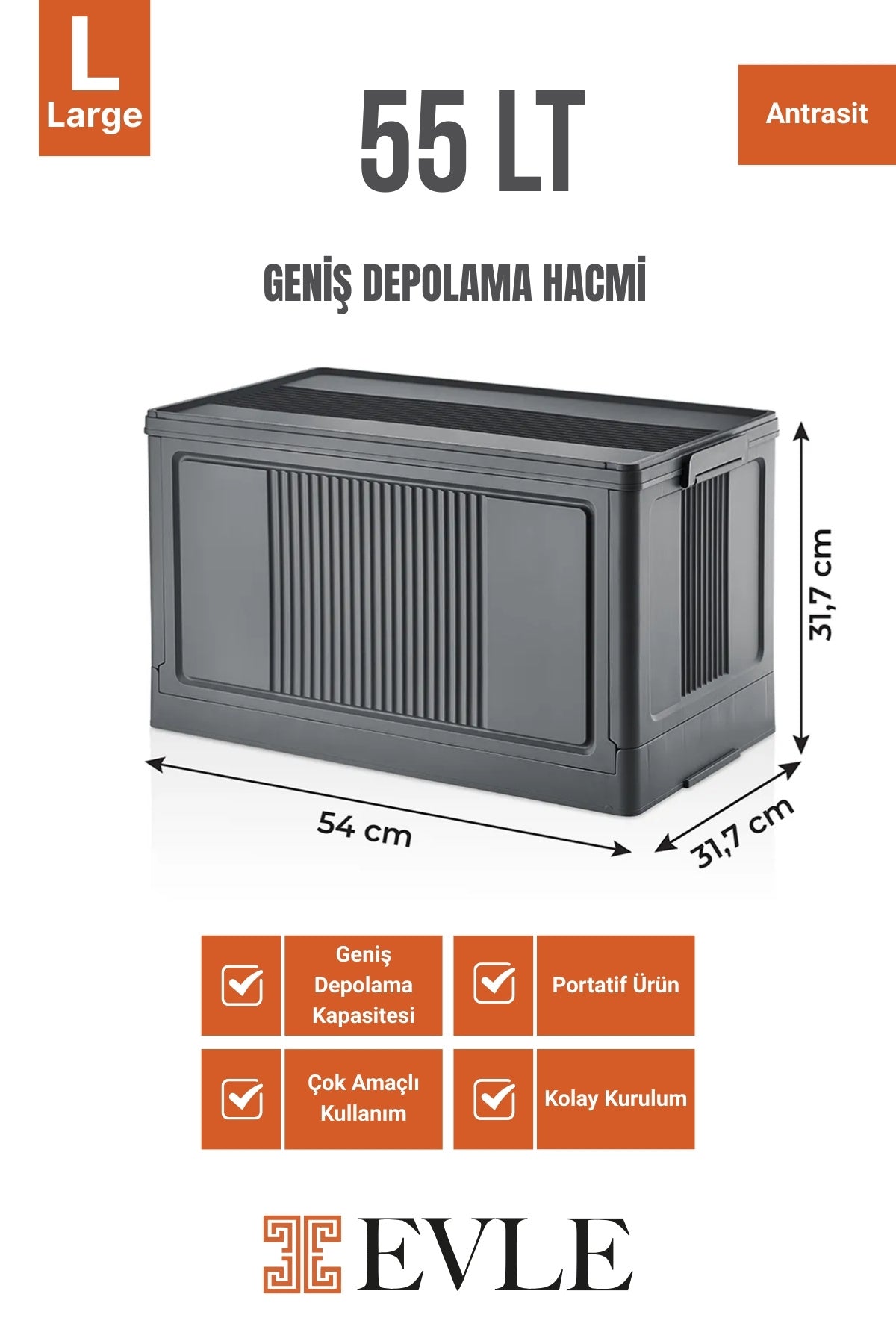 Çok Amaçlı Modüler Kasa, İstiflenebilir Organizer Düzenleyici 55 lt, 54 x 31,7 x 31,7 cm, Antrasit