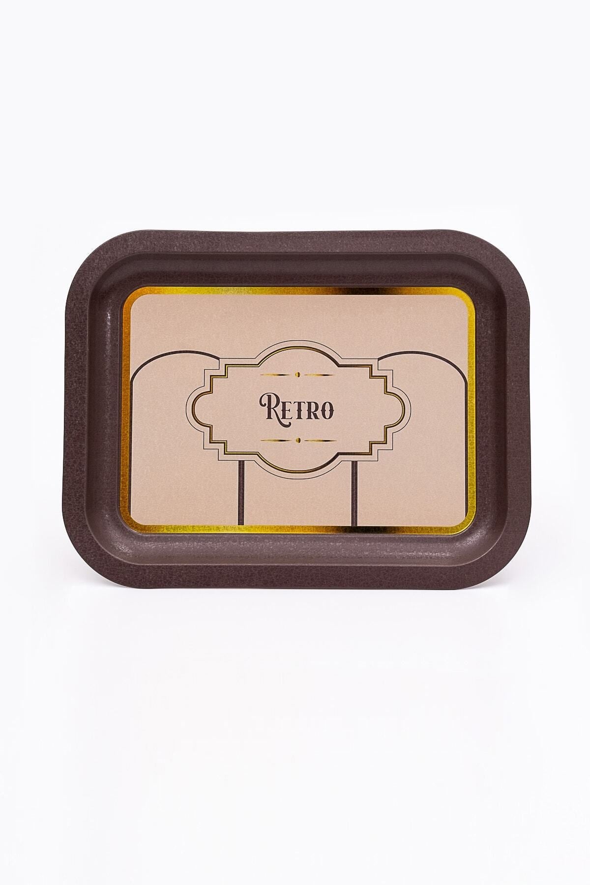 Retro Desenli Metal Tepsi - Çay Kahve Tepsisi - Sunum Tepsisi 23 Cm X 31 Cm Ee161-u6