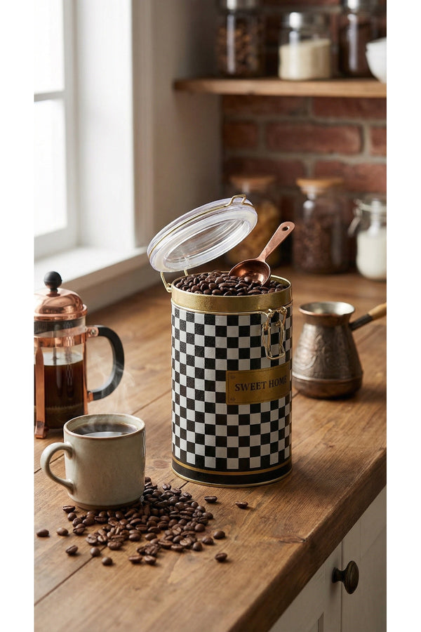 Evle Yuvarlak Kutu, Ø105x150 mm, Şeffaf Kilitli Kapak, 1,1 lt, Checkers Black_Swt Home