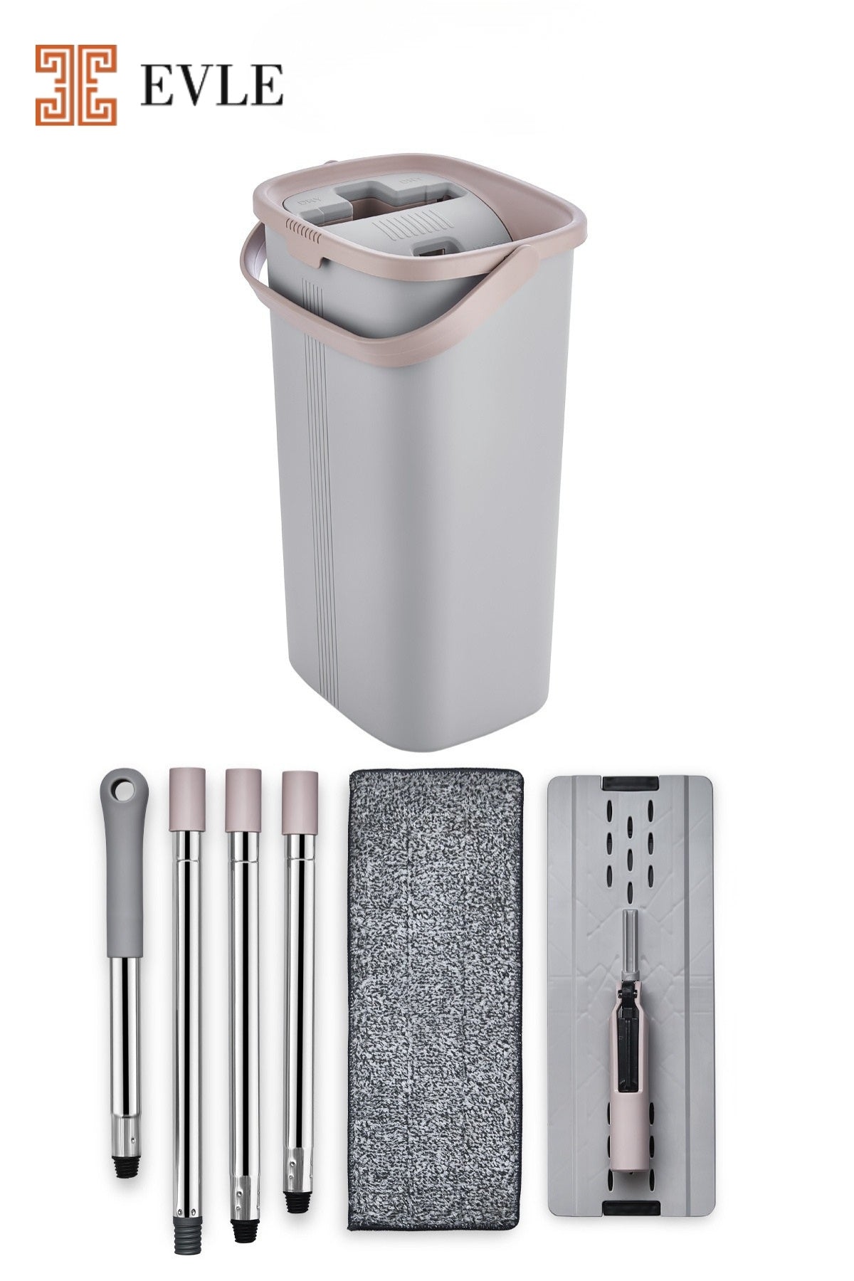 Lavine Premium Flat Mop Seti | Gri, Su Tahliyeli Kova, Paslanmaz Çelik Sap