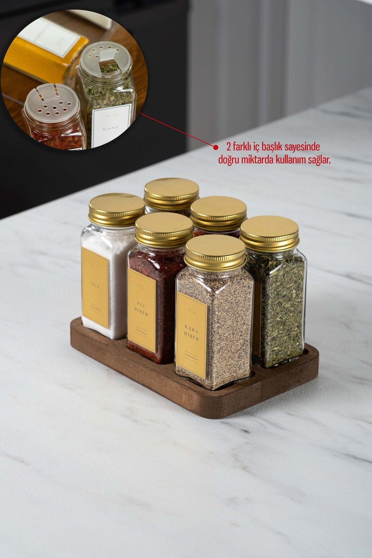 6'lı Kare Ahşap Standlı Baharatlık Gold Kapaklı-etiketli Cam Baharatlık Seti Mh01gld06k