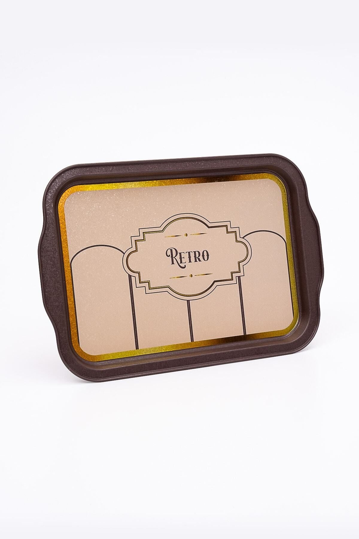 Retro Desenli Metal Tepsi - Çay Kahve Tepsisi - Sunum Tepsisi 21 Cm X 31 Cm Ee162-u6