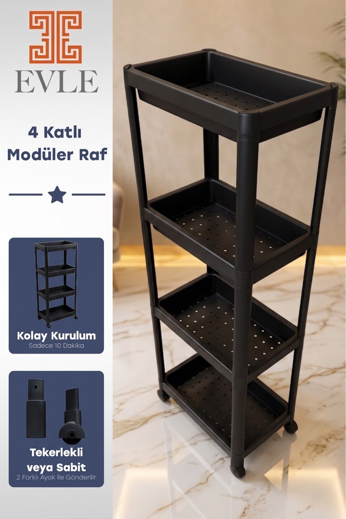 Evle 4 Katlı Tekerlekli Modüler Raf Ünitesi - Çok Amaçlı Mutfak Banyo Balkon Düzenleyici "Antrasit Gri"