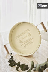 3'lü Ahşap Kulplu Yuvarlak Metal Tepsi Seti, Krem Set