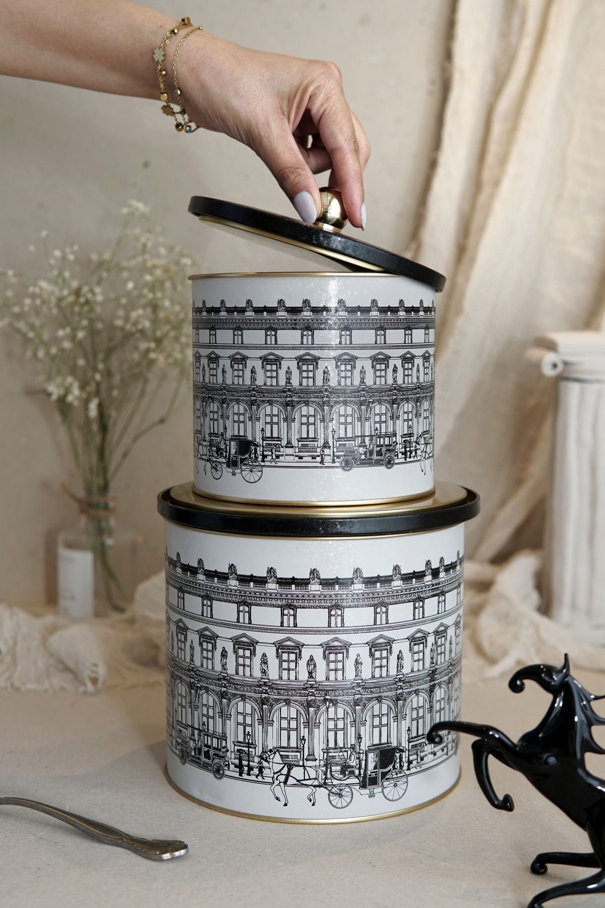 City Desenli Metal Saklama Kabı Seti - 2'li Set (1,7 lt - 3,5 lt)