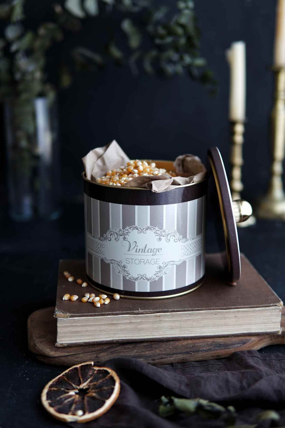 Elegance Desenli Yuvarlak Metal Saklama Kabı, Erzak Saklama Kabı - 14 Cm X 12,5 Cm Er142-6b