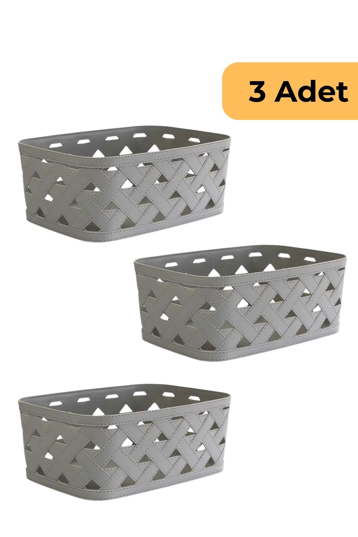 Deri Desenli Sepet, 3'lü Set, Gri