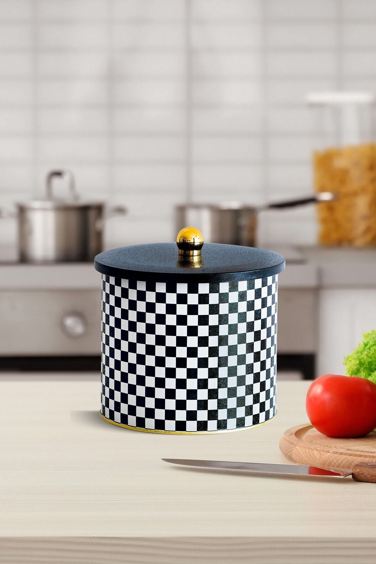 Ef146-g8 Checkers Black Desenli Yuvarlak Metal Saklama Kabı 17.5 Cm