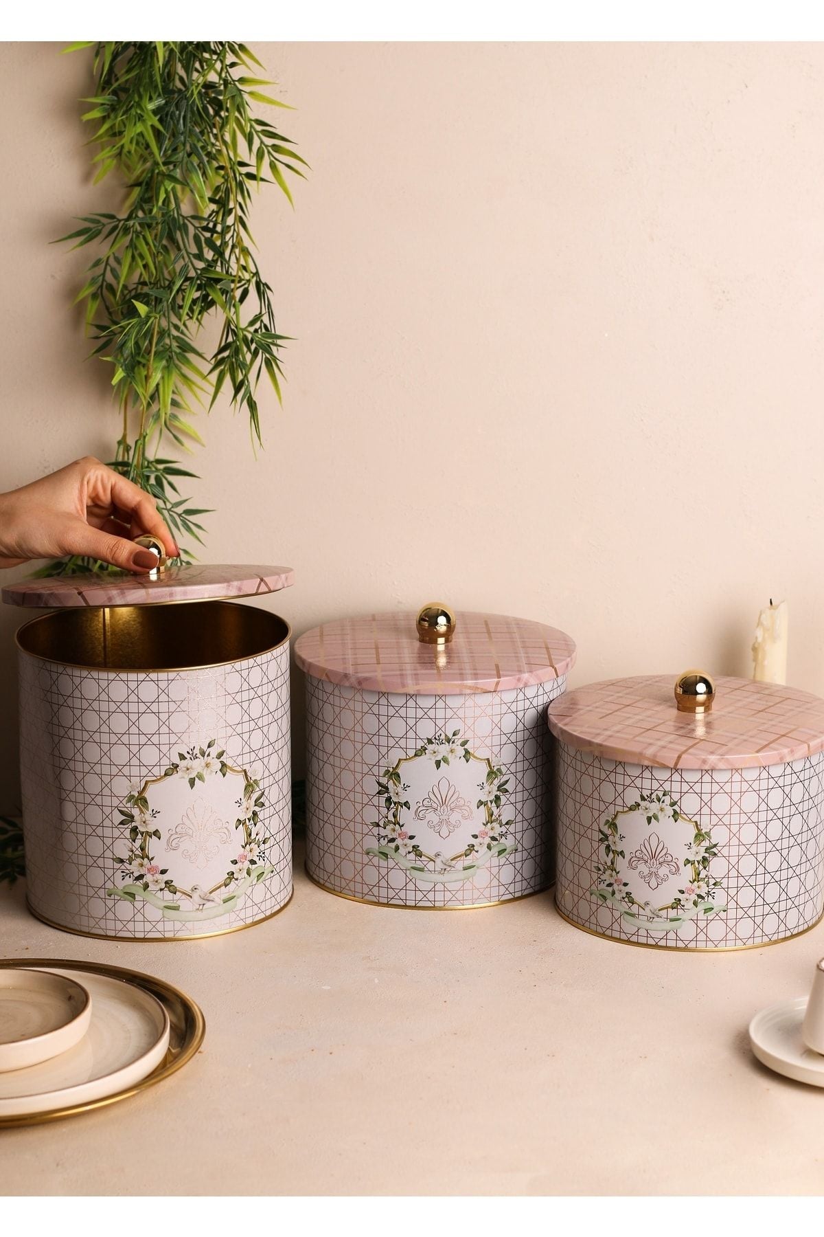Rosy  Desenli Metal Saklama Kabı Seti - 3'lü Set (2,9 Lt - 3,5 Lt - 4,1 Lt) ERB31U7