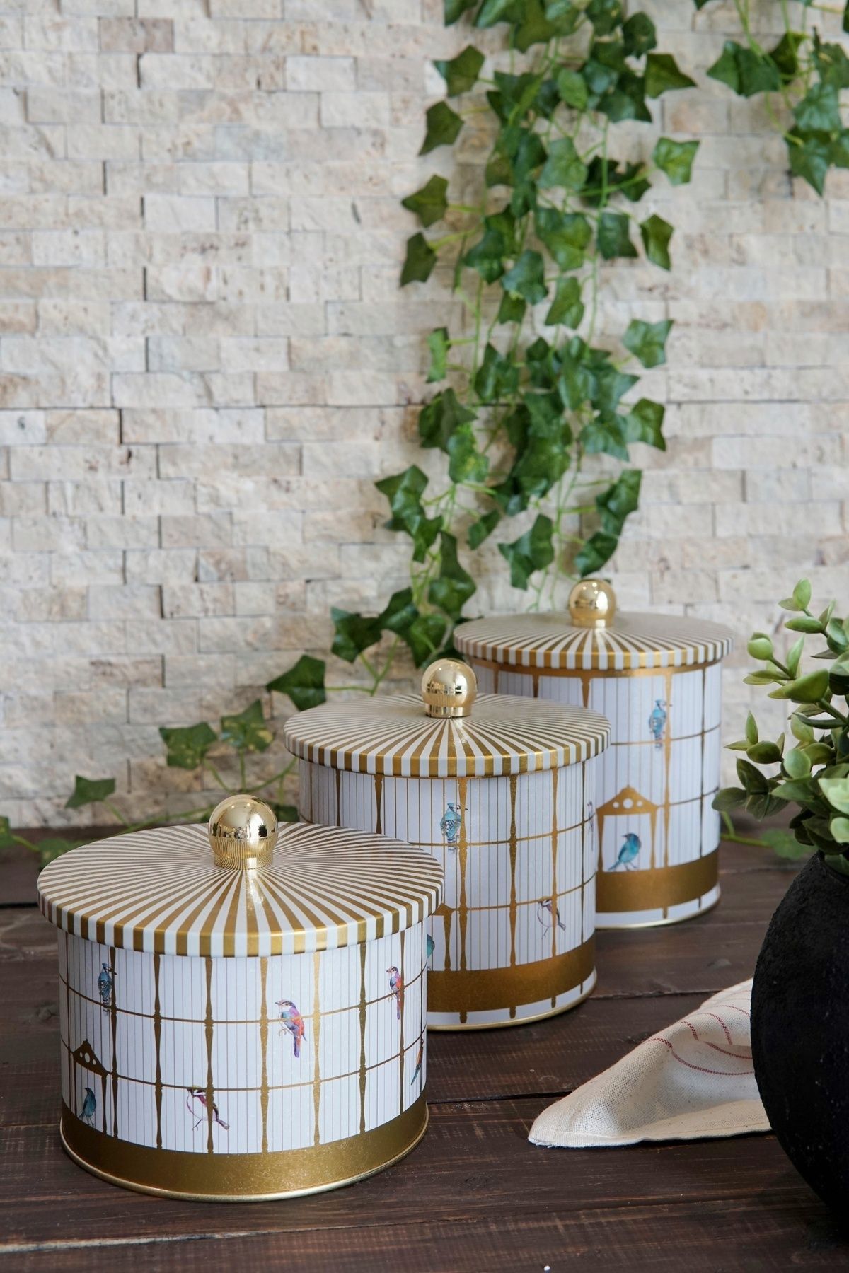 Evle Yuvarlak Kutu Ø140, Topuz Kulp, 3 lü Set, Bird Cage
