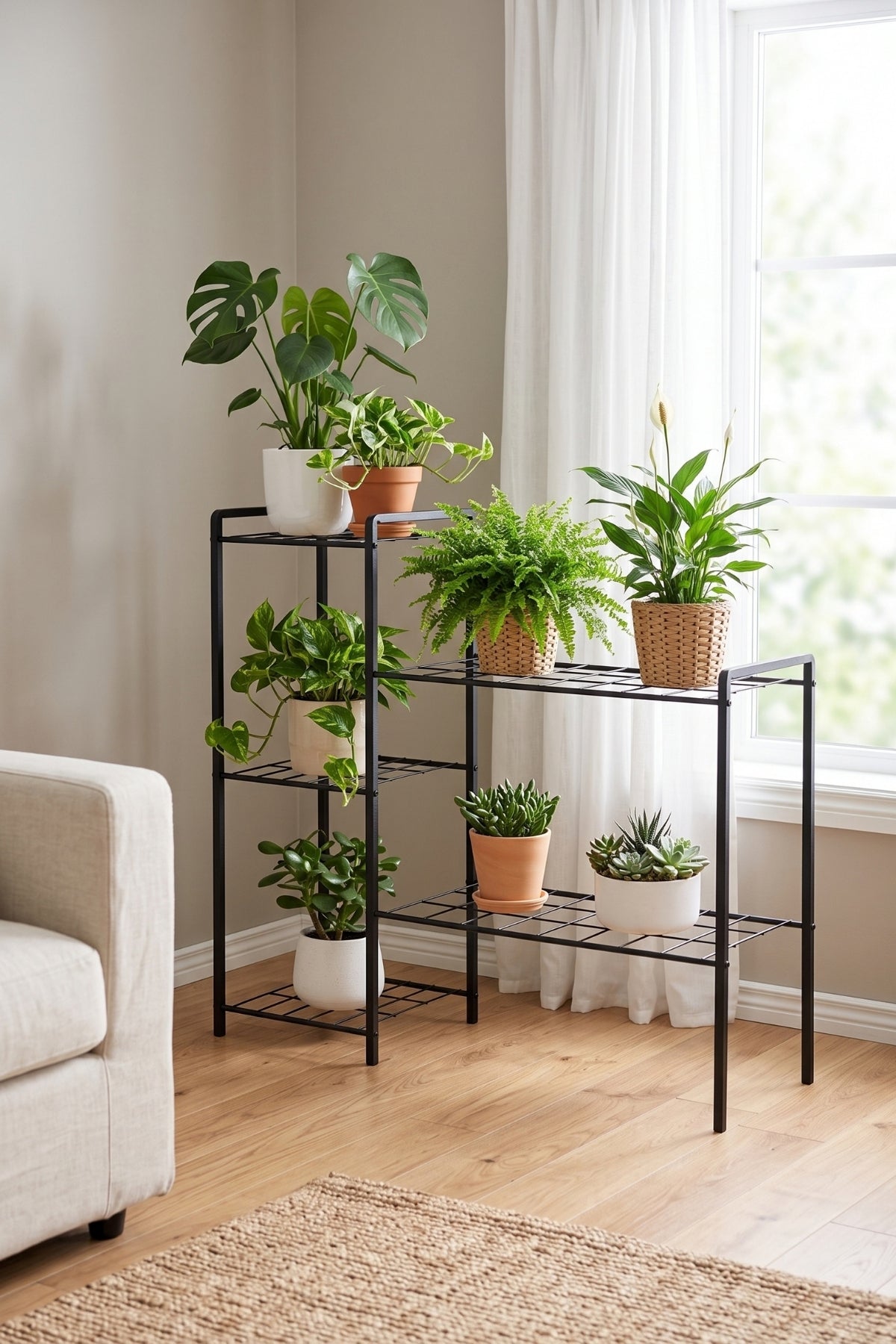 Evle 5 Raflı Metal Saksılık Kademeli Çiçek Standı Balkon Salon Bitki Rafı Siyah 30x94x90 cm