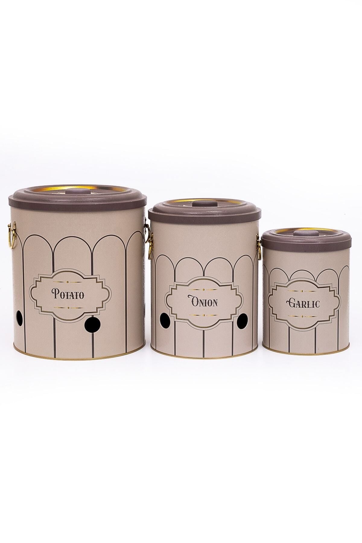 Evle Patates Soğan Sarımsak Saklama Kabı 3 lü Set, Retro
