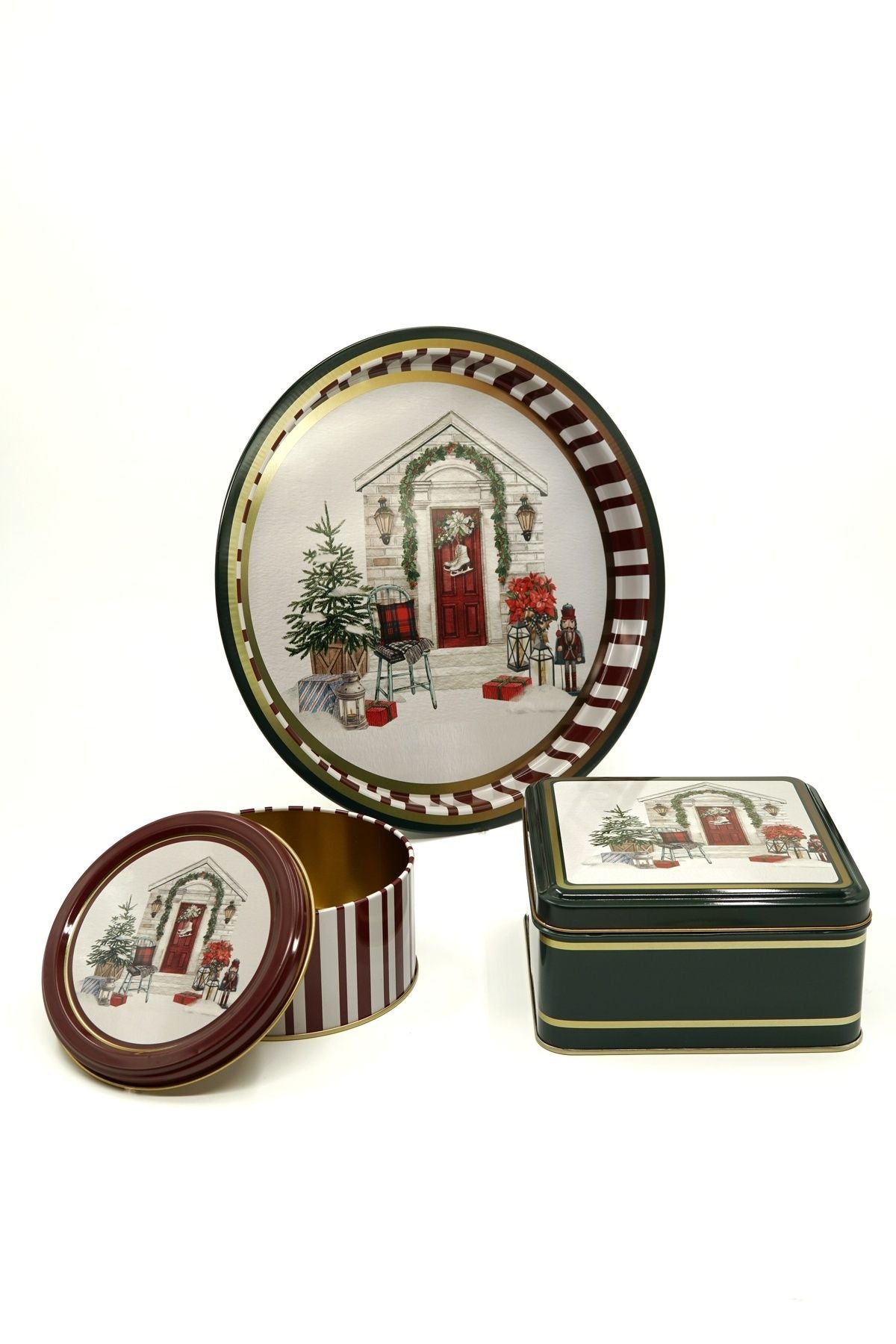 Evle 3 lü Yılbaşı Set, 158x158x80, Ø140x70 mm, Ø315 Tepsi, Stone Home Green