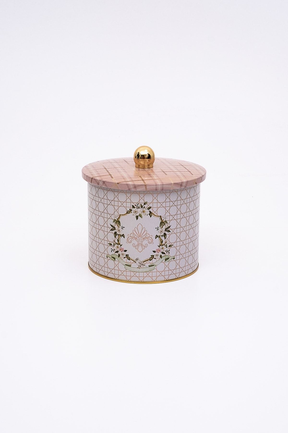 Rosy Desenli Yuvarlak Metal Saklama Kabı, Erzak Saklama Kabı - Organizer 14 Cm X 12,5 Cm Er142-u7