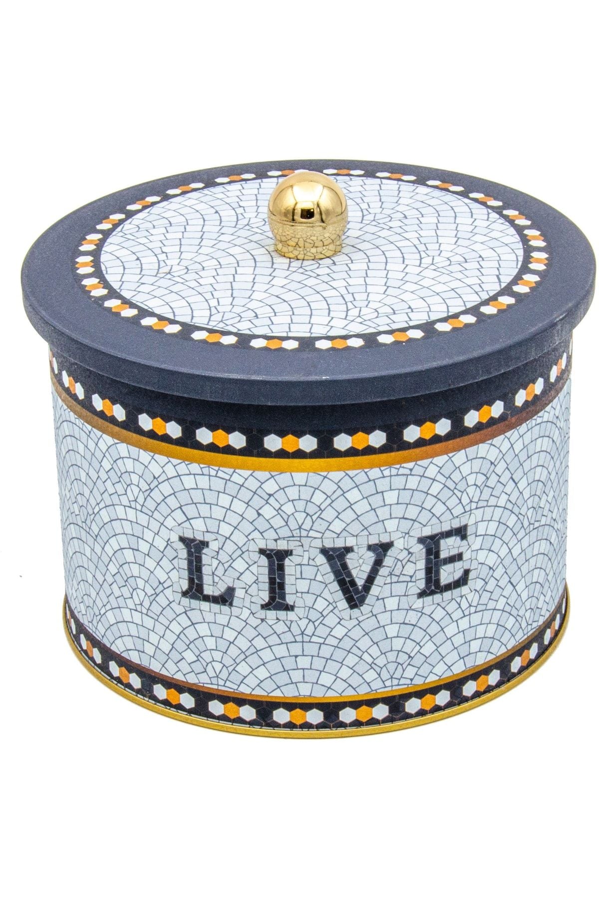 Mosaic Desenli Yuvarlak Metal Saklama Kabı 14 Cm, Erzak Kabı - Organizer 17,5 Cm X 13 Cm Er145-9d